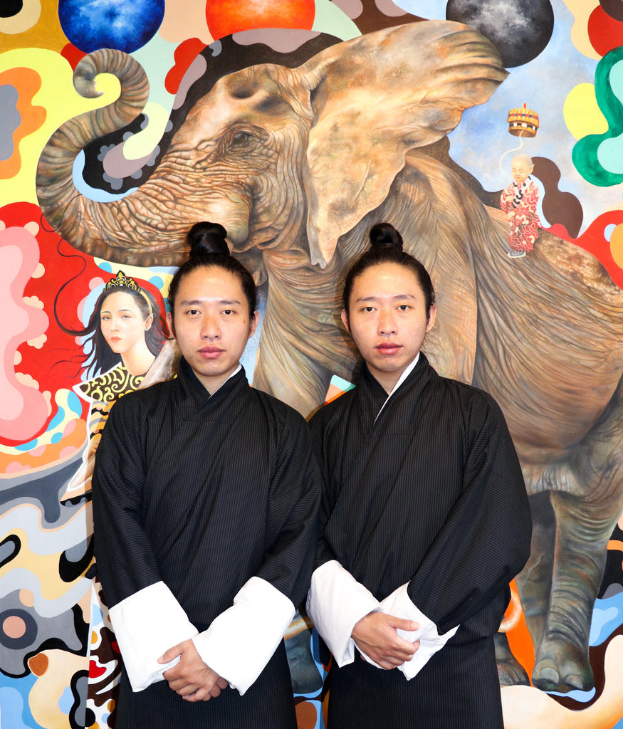 Twinz artist, contemporary painters from Bhutan, in their Thimphu studio